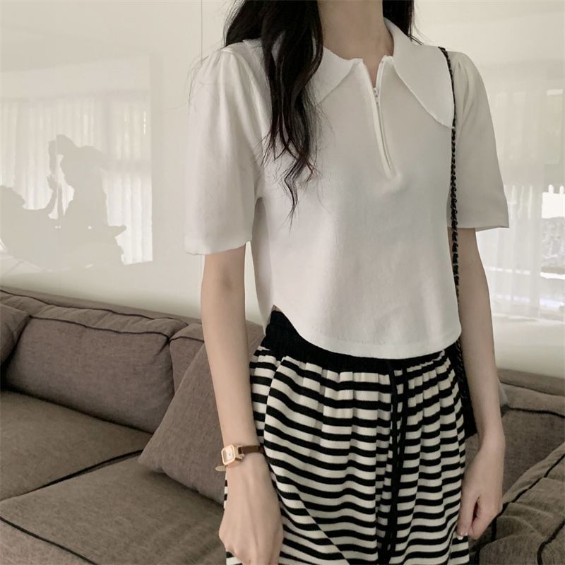 Collared Short-Sleeve Top Knit Half Zip