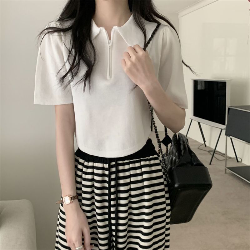 Collared Short-Sleeve Top Knit Half Zip