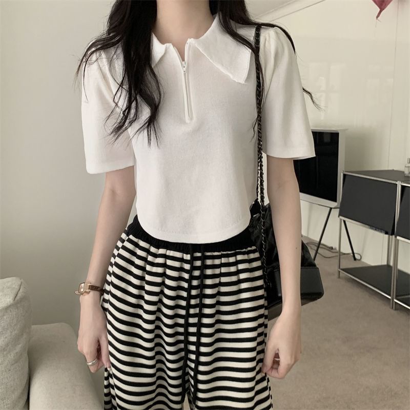 Collared Short-Sleeve Top Knit Half Zip