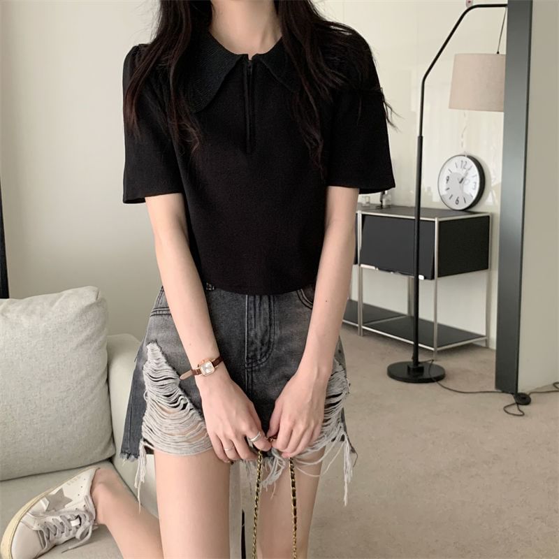 Collared Short-Sleeve Top Knit Half Zip