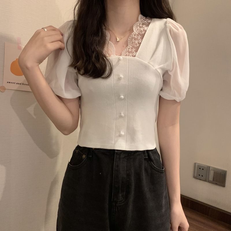 Top Embroidered V-Neck Button Short-Sleeve Panel