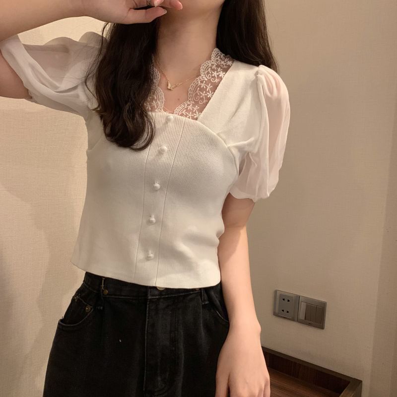 Top Embroidered V-Neck Button Short-Sleeve Panel