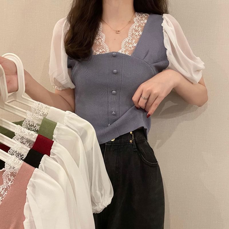 Top Embroidered V-Neck Button Short-Sleeve Panel