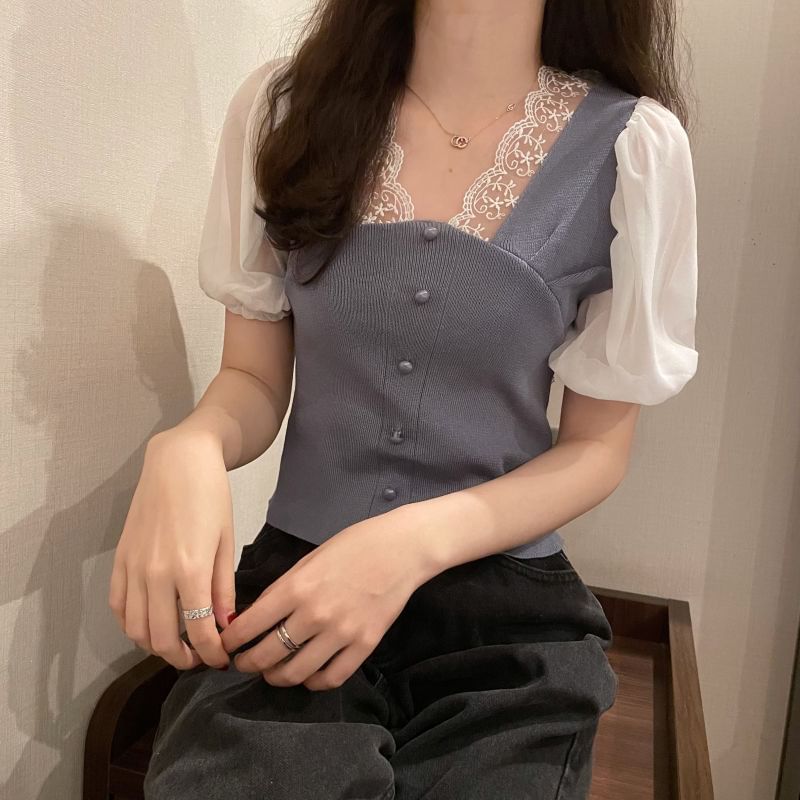 Top Embroidered V-Neck Button Short-Sleeve Panel