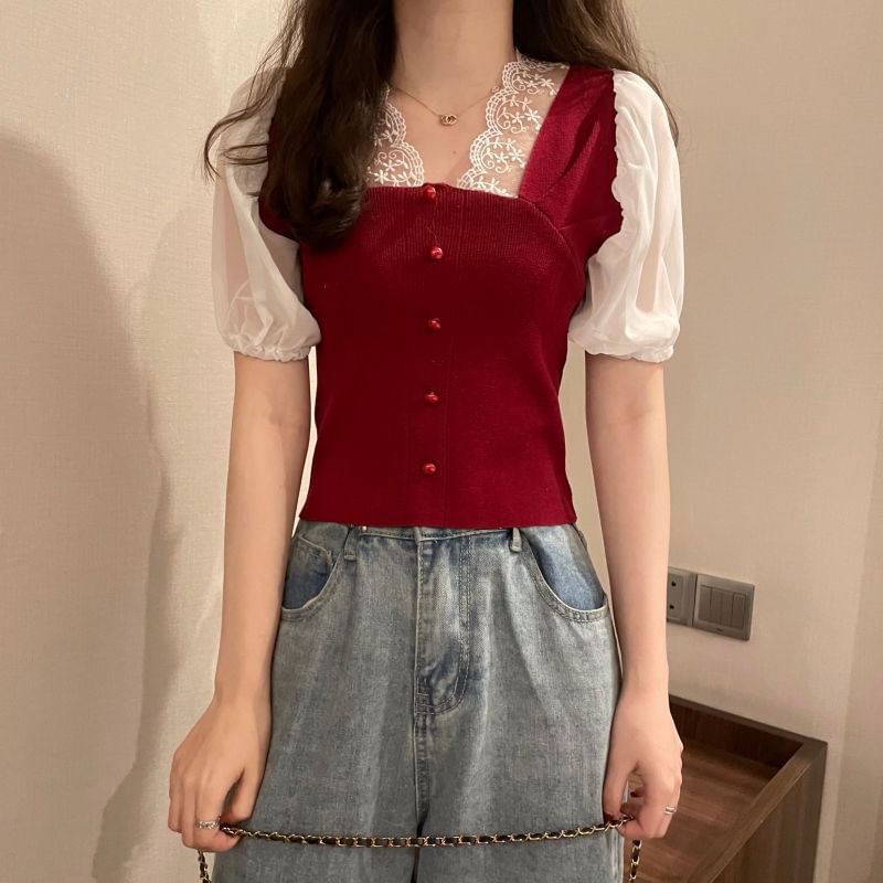 Top Embroidered V-Neck Button Short-Sleeve Panel