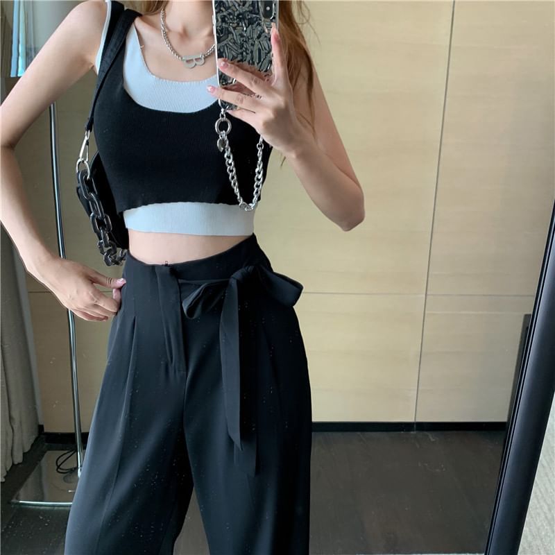 Wide Leg High Pants Dress Plain Tie-Up Waist