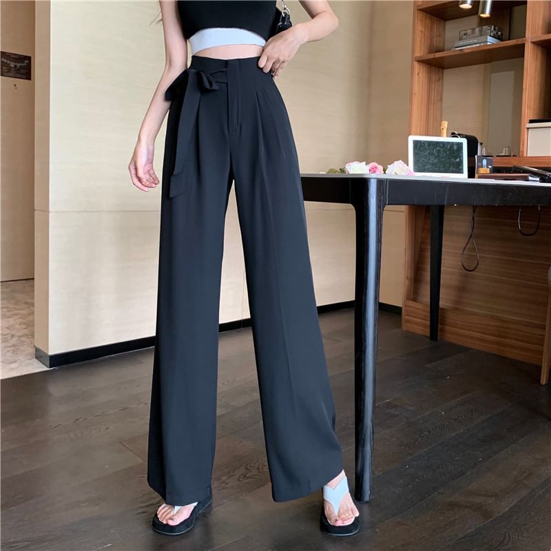 Wide Leg High Pants Dress Plain Tie-Up Waist