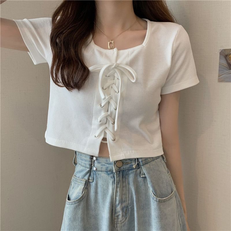 Neck Top Up Plain Lace Square Short-Sleeve