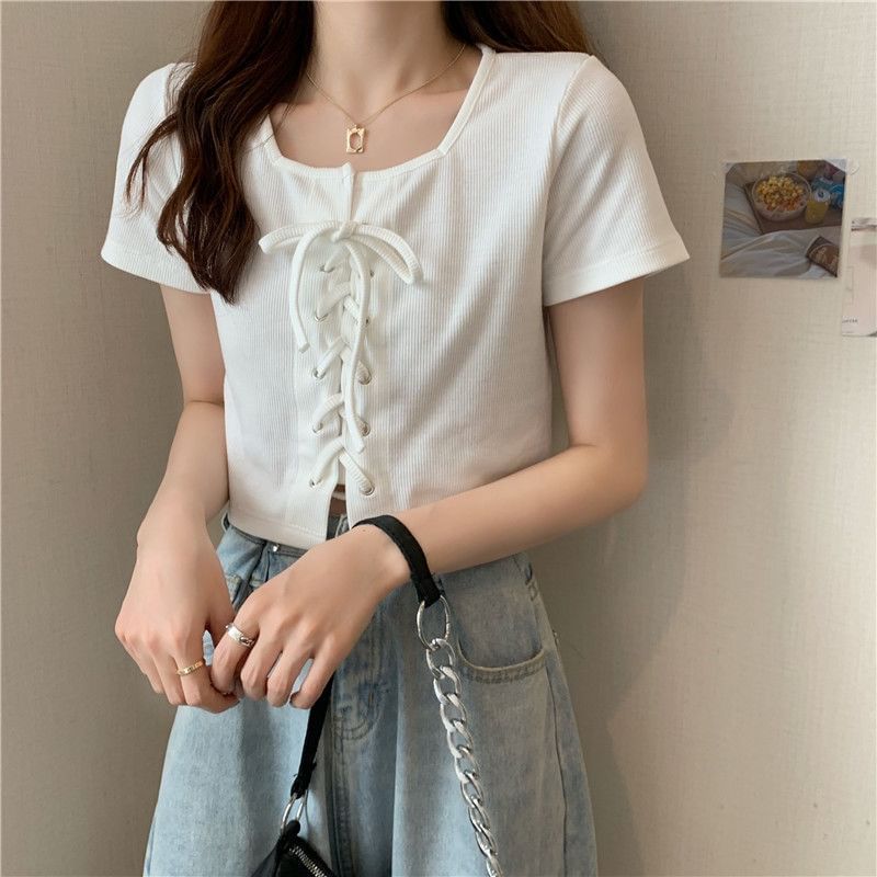 Neck Top Up Plain Lace Square Short-Sleeve