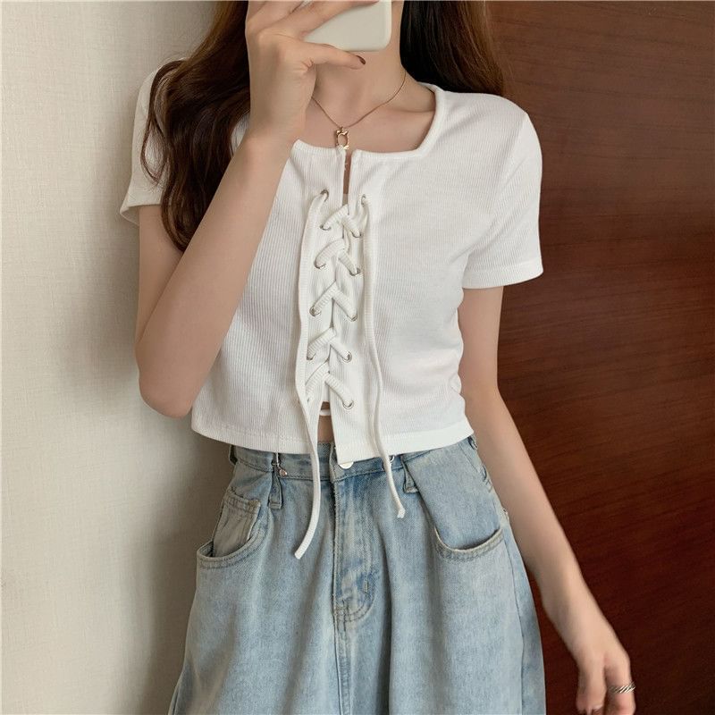 Neck Top Up Plain Lace Square Short-Sleeve