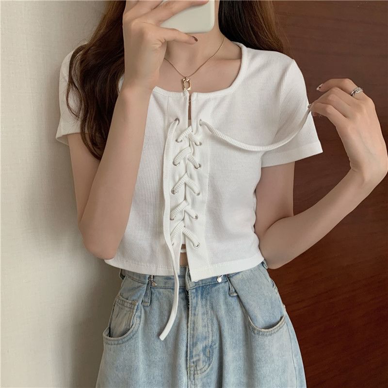 Neck Top Up Plain Lace Square Short-Sleeve