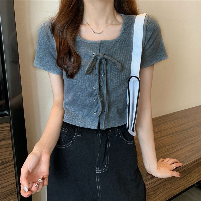 Neck Top Up Plain Lace Square Short-Sleeve