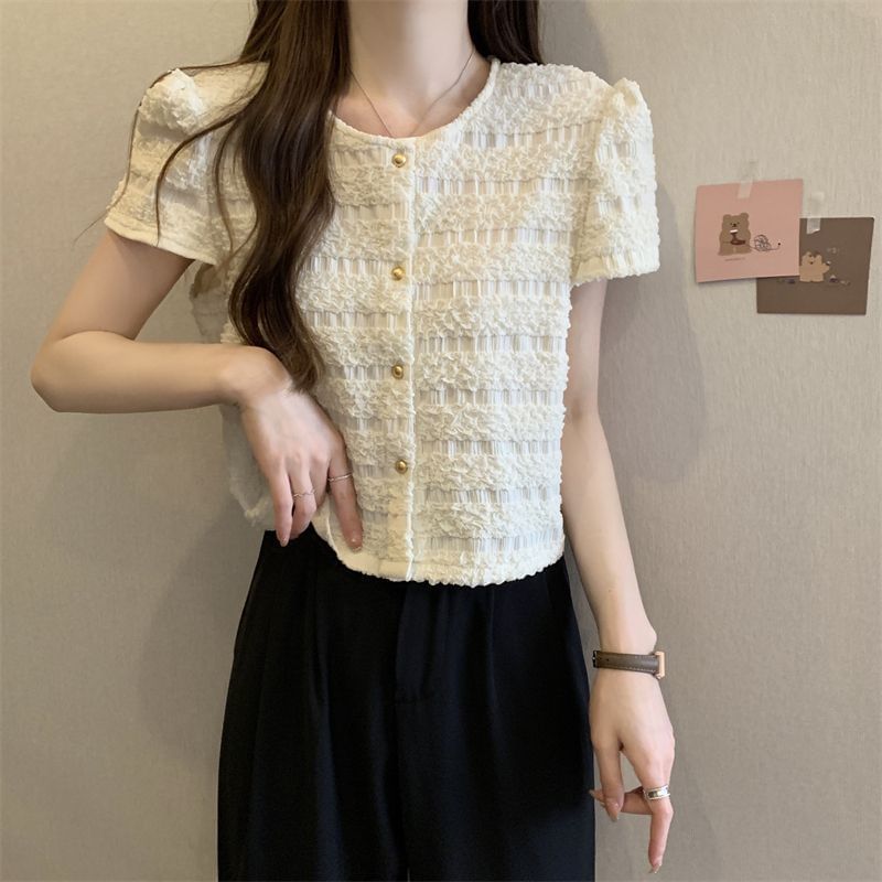 Neck Top Plain Short-Sleeve Button Round Frill