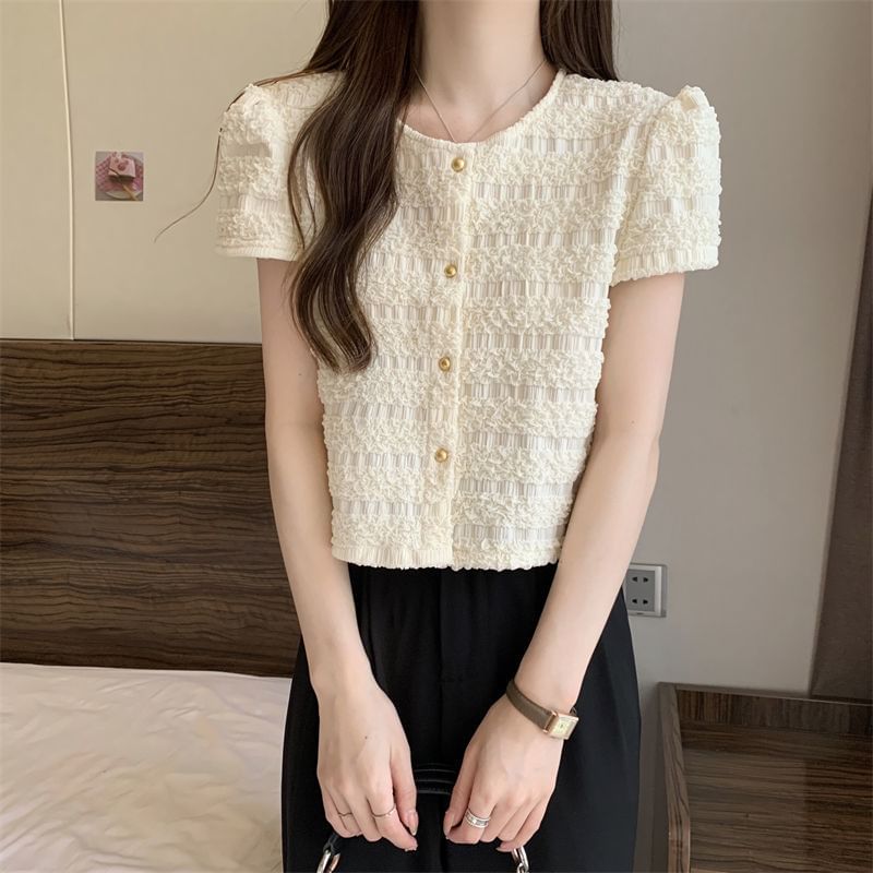 Neck Top Plain Short-Sleeve Button Round Frill