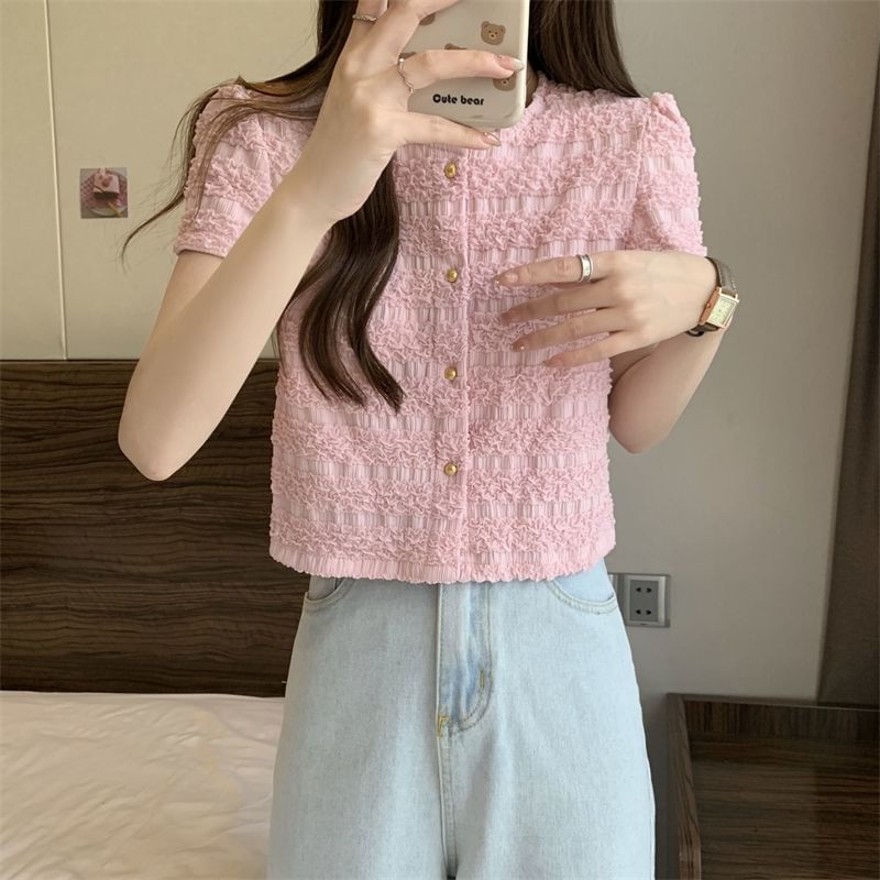 Neck Top Plain Short-Sleeve Button Round Frill