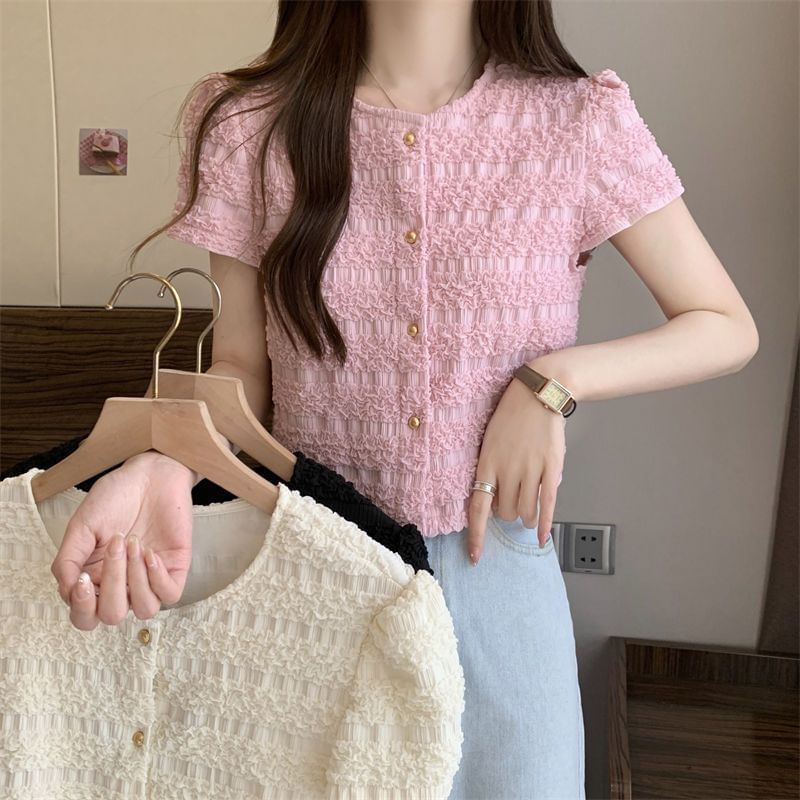 Neck Top Plain Short-Sleeve Button Round Frill