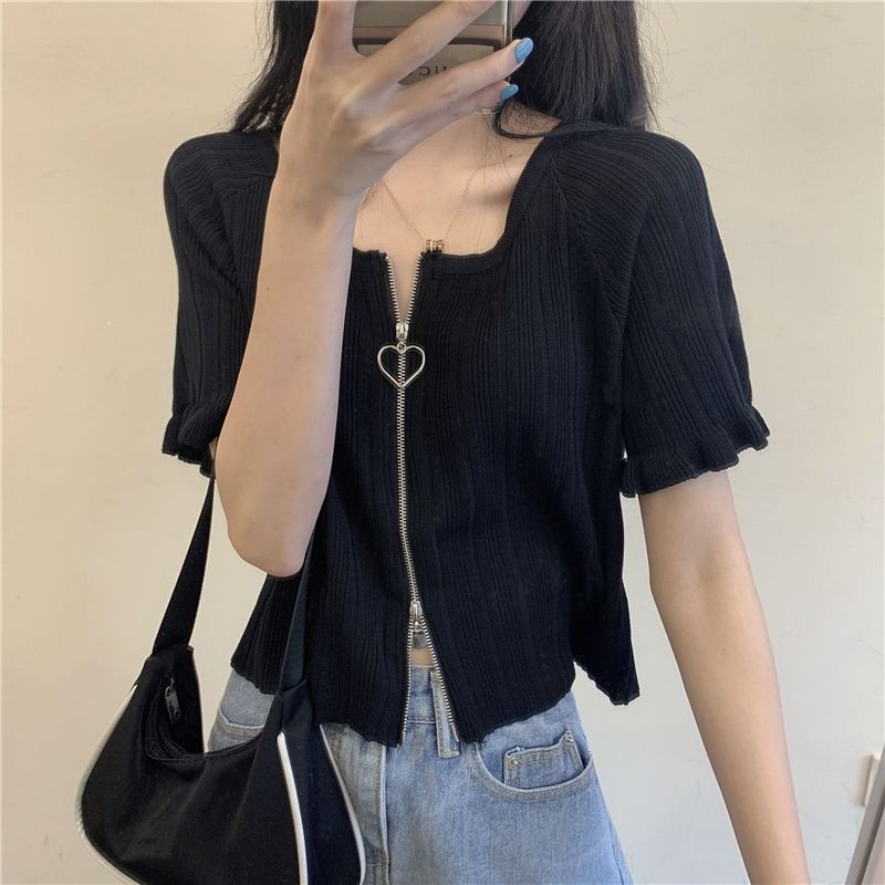 Neck Plain Short-Sleeve Round Ribbed Zip Cardigan