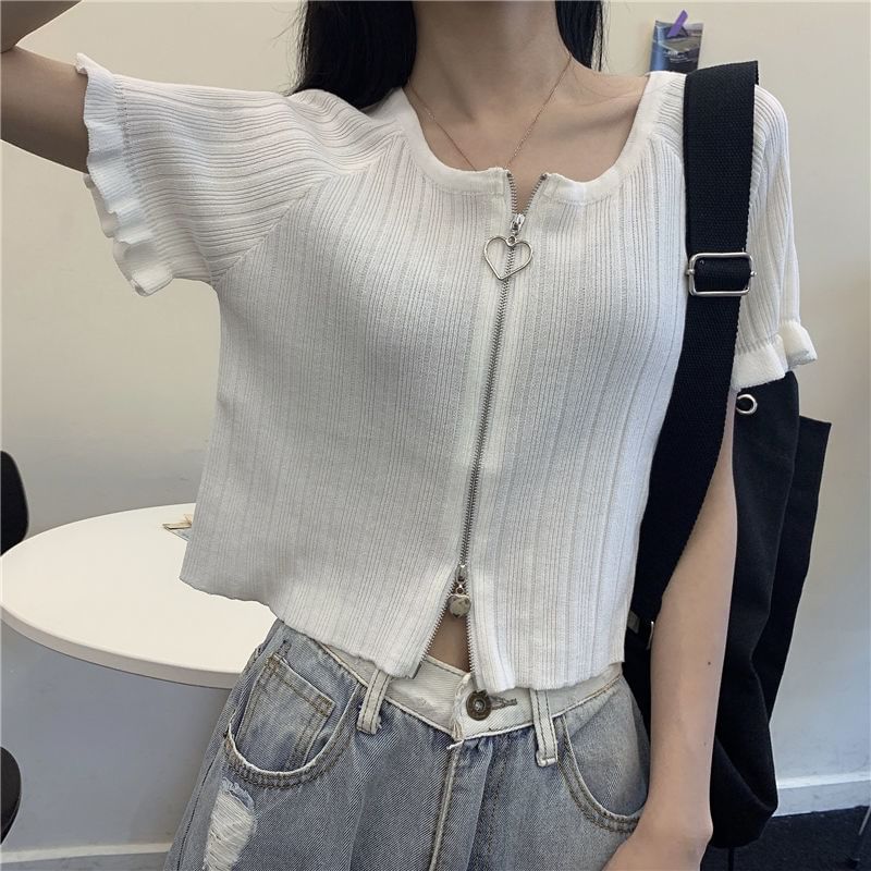 Neck Plain Short-Sleeve Round Ribbed Zip Cardigan