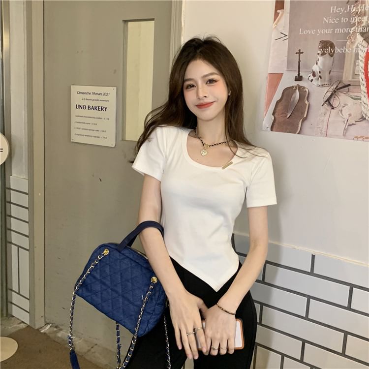 Plain Short-Sleeve Neck Crew Asymmetrical Tee