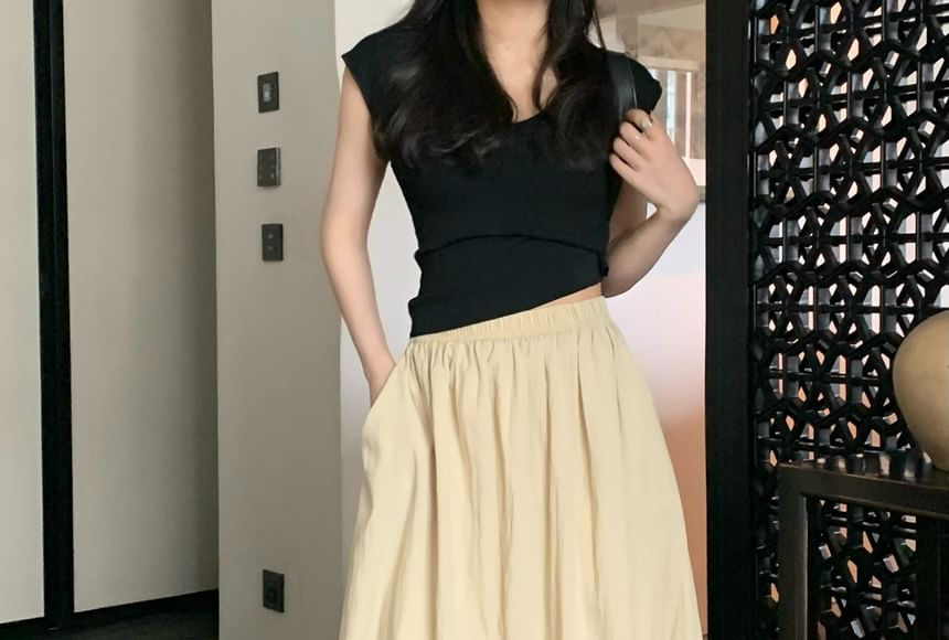 Waist A-Line Skirt Plain Maxi Elastic