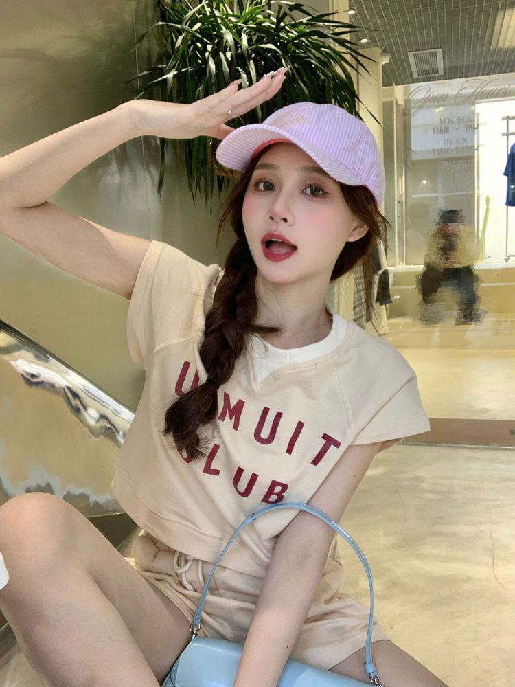 Plain Shorts Crew T-Shirt Drawstring Print Waist Short-Sleeve Set: + Lettering Neck