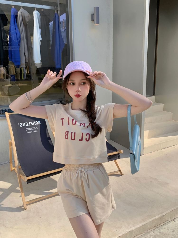 Plain Shorts Crew T-Shirt Drawstring Print Waist Short-Sleeve Set: + Lettering Neck