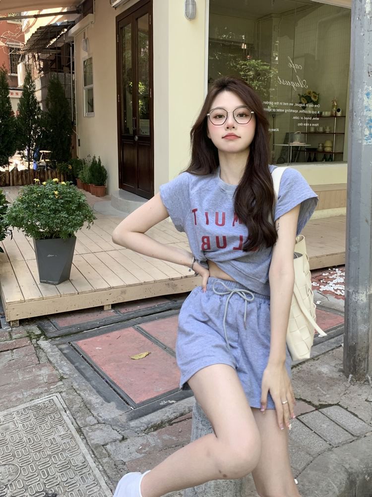 Plain Shorts Crew T-Shirt Drawstring Print Waist Short-Sleeve Set: + Lettering Neck