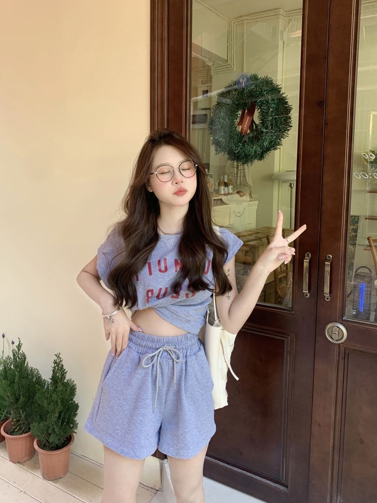 Plain Shorts Crew T-Shirt Drawstring Print Waist Short-Sleeve Set: + Lettering Neck