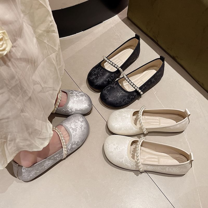 Floral Faux Pearl Mary Jane Flats
