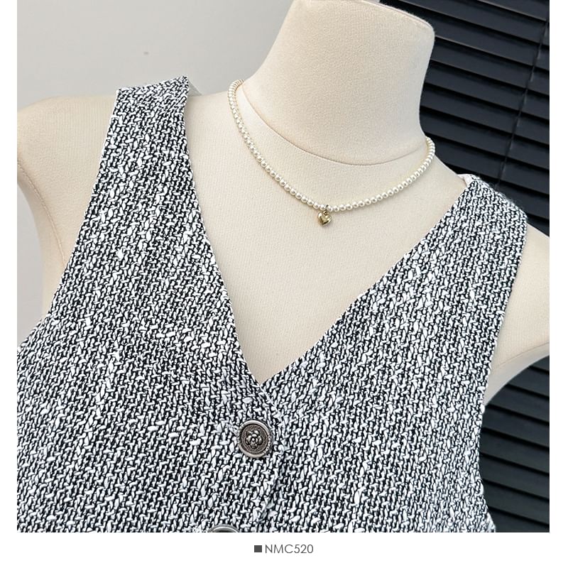 Button-Up V-Neck Tweed Vest