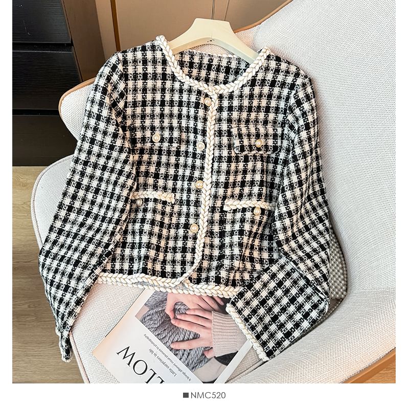 Contrasted Round-Neck Tweed Jacket