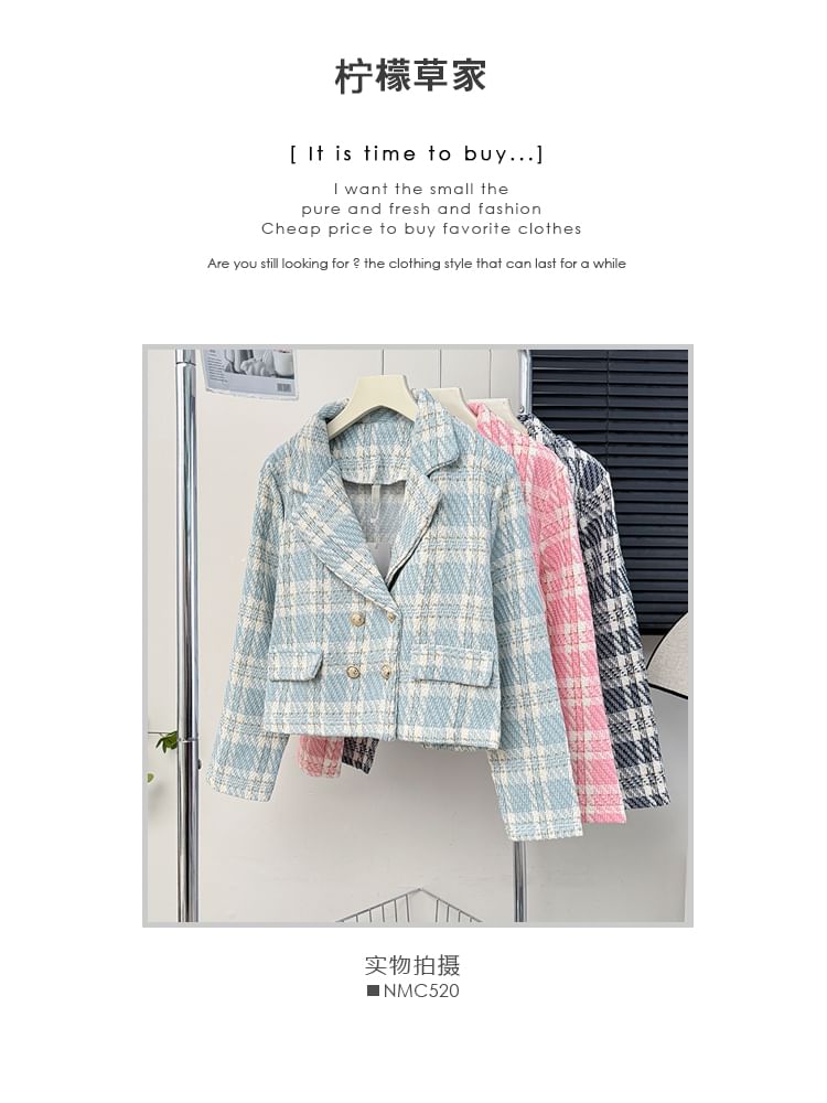 Lapel Double-Breasted Plaid Tweed Jacket