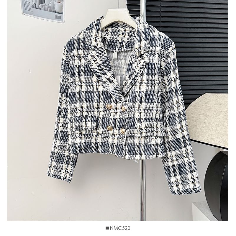 Lapel Double-Breasted Plaid Tweed Jacket