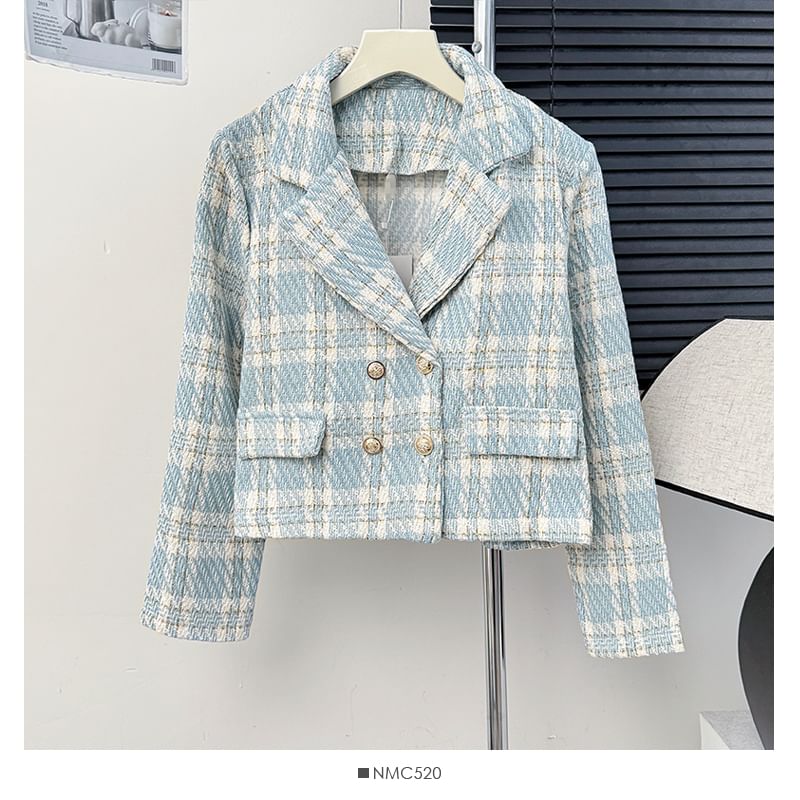 Lapel Double-Breasted Plaid Tweed Jacket
