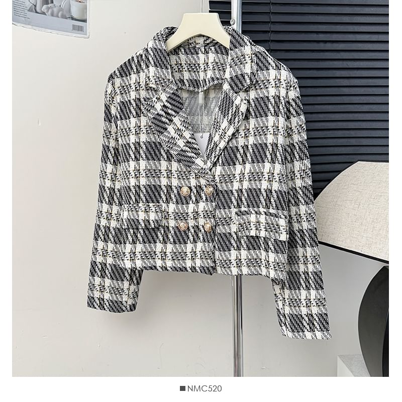 Lapel Double-Breasted Plaid Tweed Jacket