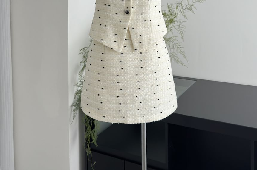 Set: Square Neck Tweed Button Vest + High Waist Mini A-Line Skirt