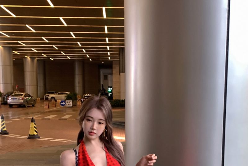 Smock V-Neck Dotted Halter Dress