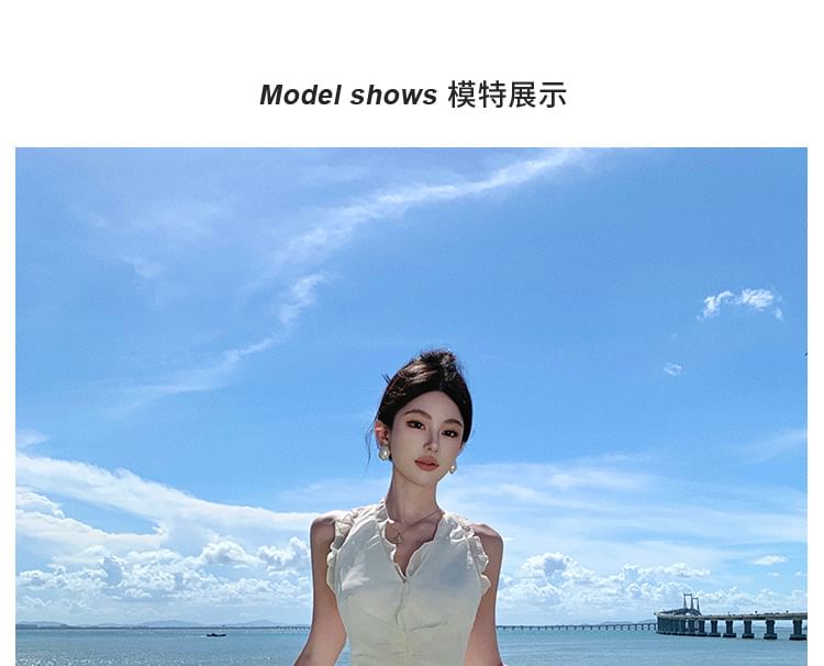 Maxi Plain Halter Dress Front-Slit V-Neck Ruffle A-Line