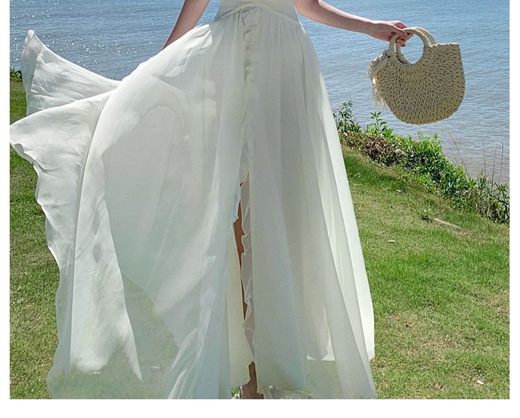 Maxi Plain Halter Dress Front-Slit V-Neck Ruffle A-Line