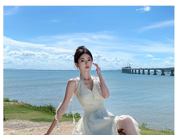 Maxi Plain Halter Dress Front-Slit V-Neck Ruffle A-Line