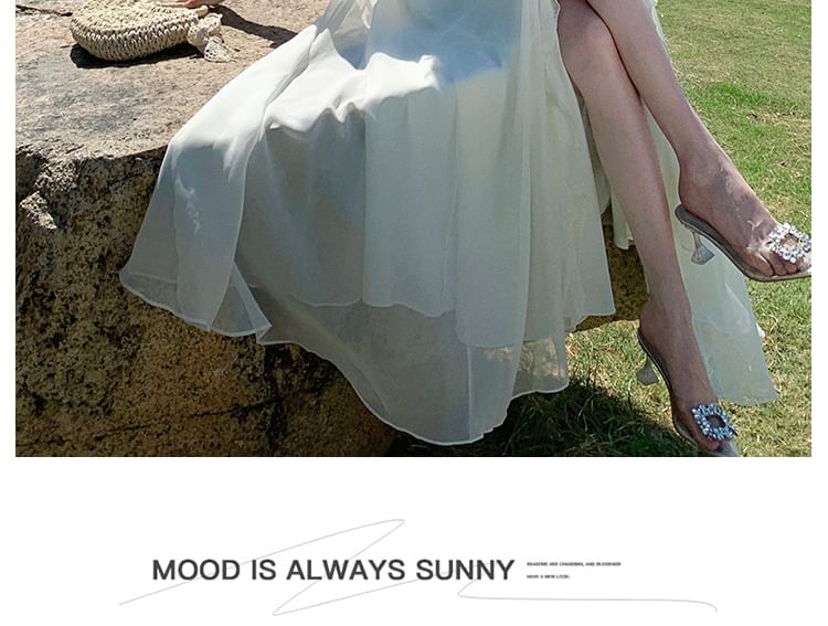 Maxi Plain Halter Dress Front-Slit V-Neck Ruffle A-Line