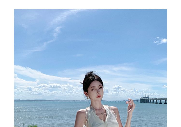 Maxi Plain Halter Dress Front-Slit V-Neck Ruffle A-Line