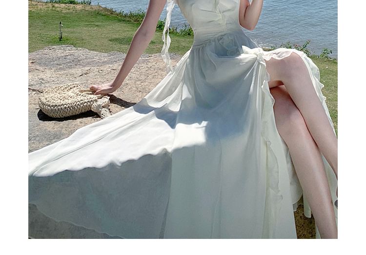 Maxi Plain Halter Dress Front-Slit V-Neck Ruffle A-Line