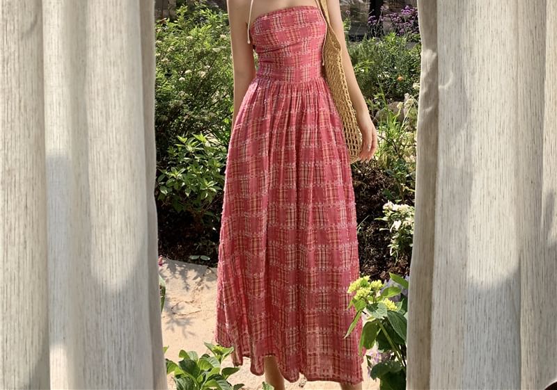 Dress Plaid Strapless Maxi A-Line