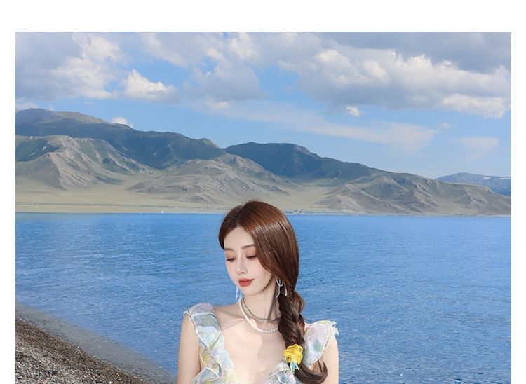 Floral Sleeveless V-Neck Sundress Maxi Cutout Ruffle