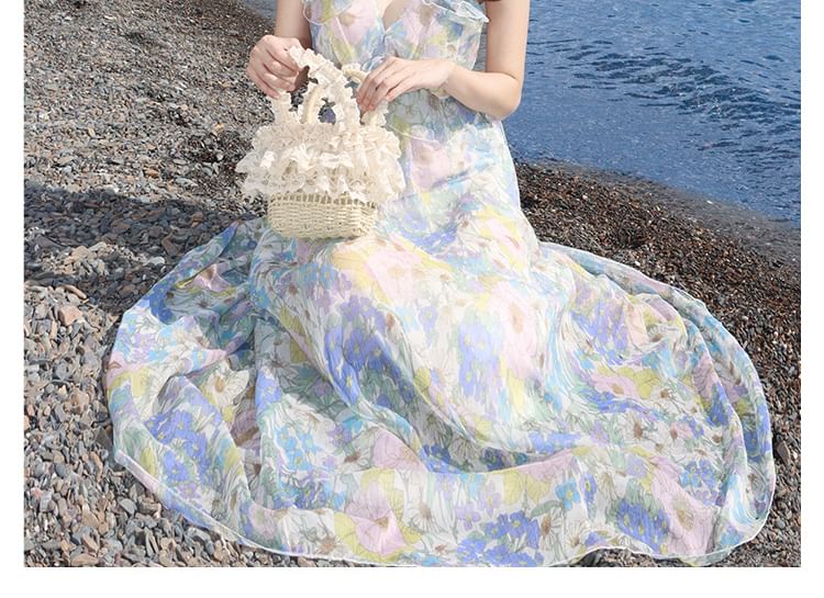 Floral Sleeveless V-Neck Sundress Maxi Cutout Ruffle