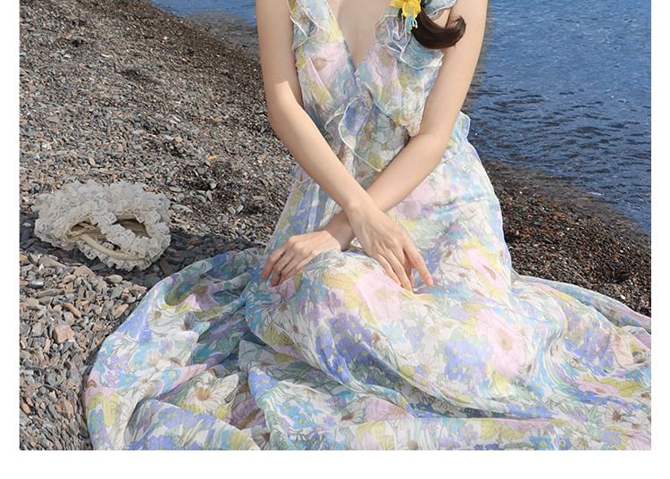Floral Sleeveless V-Neck Sundress Maxi Cutout Ruffle