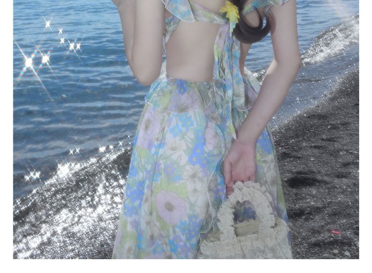 Floral Sleeveless V-Neck Sundress Maxi Cutout Ruffle