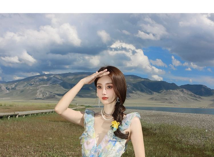 Floral Sleeveless V-Neck Sundress Maxi Cutout Ruffle