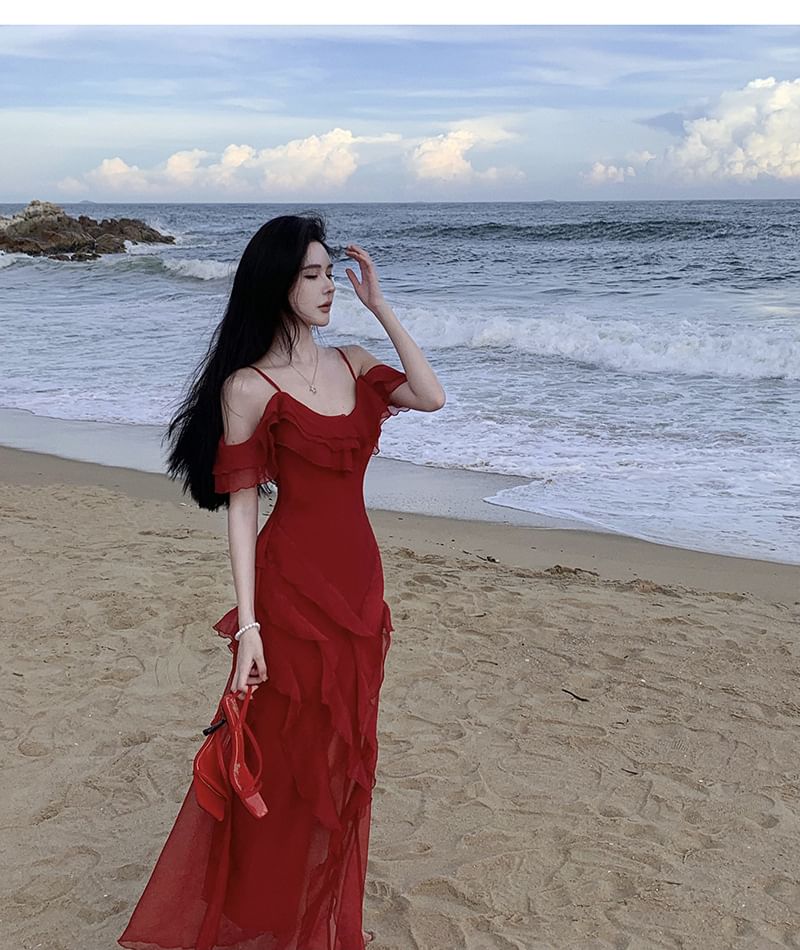 Plain Maxi Ruffle Sundress Cold-Shoulder Asymmetrical